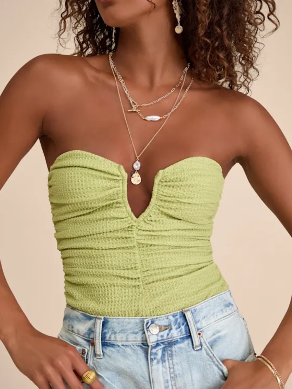 Lulu's Lime Green Textured Ruched Bodysuit